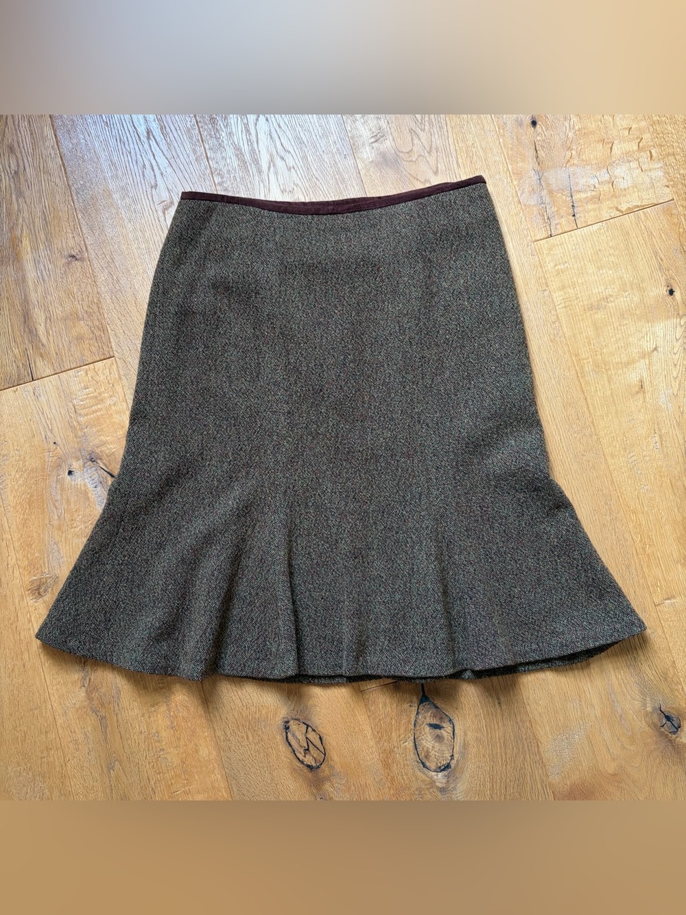 Jenne Maac Brown & Green Fall Skirt w/ Suede Waist Detail & Scalloped Bottom
